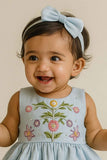 Sky Blue Sleeveless Embroidered Frock With Butterfly Motifs & Pearls For Girls