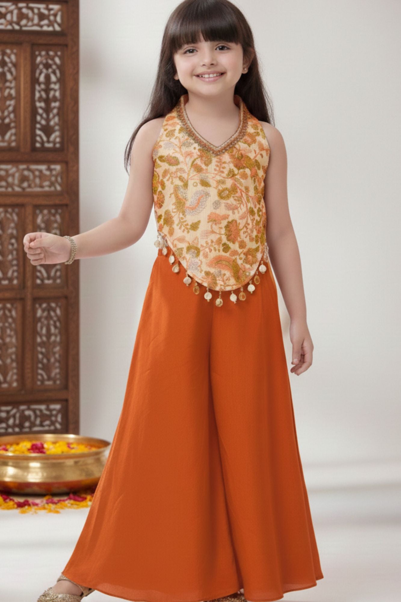 Orange Embroidered Sleeveless Top With Flowy Palazzo Set For Girls