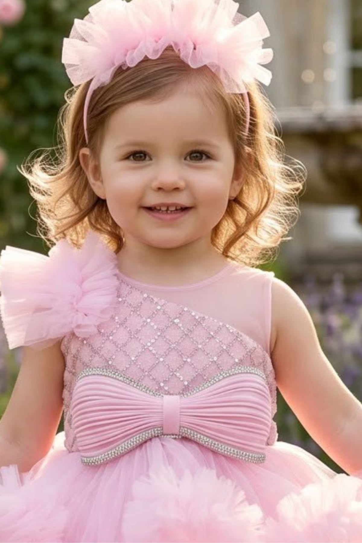 Girls Pink Floral Net High-Low Party Frock