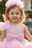 Girls Pink Floral Net High-Low Party Frock