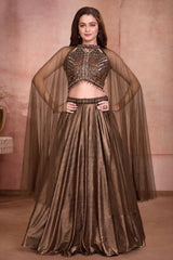 Girls Elegant Bronze Brown Sequin Embroidered Lehenga Choli Set with Cape