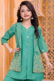 Girls Sea Green Embroidered Kurti Palazzo Set with Jacket
