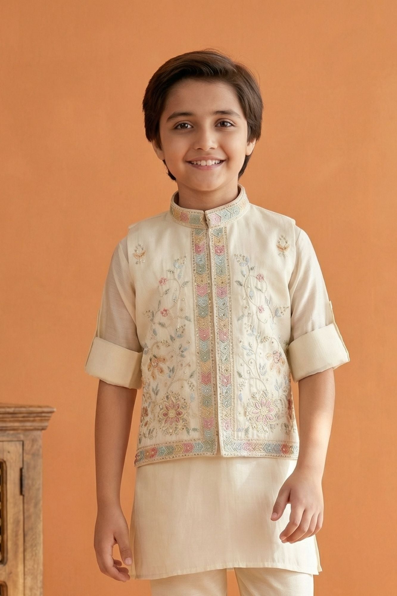 Cream Embroidered Kurta Set with Nehru Jacket For Boys