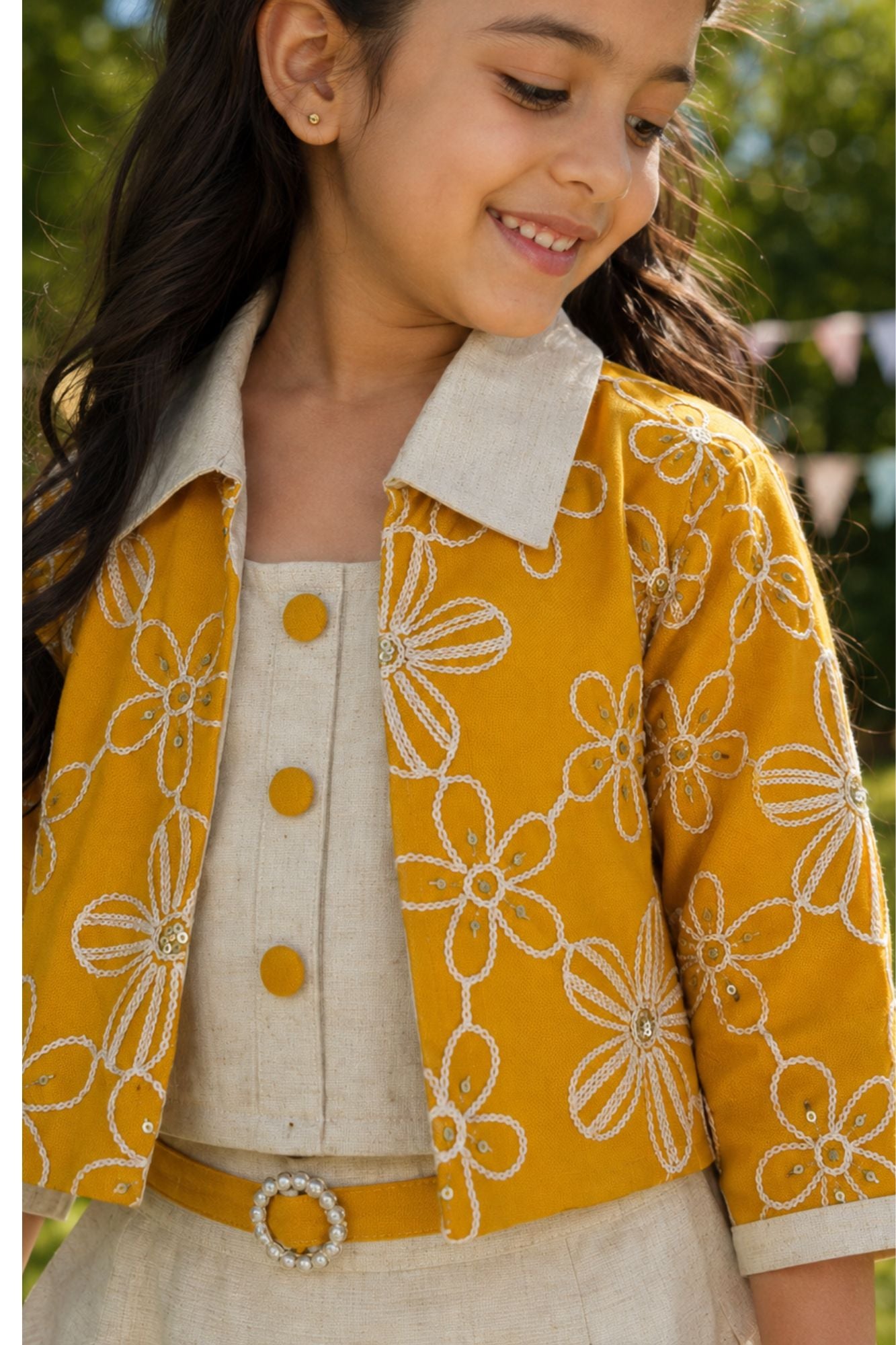 Mustard Yellow Embroidered Jacket and Skirt Set