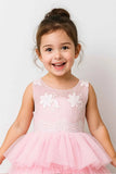 Pink Tiered Ruffle Party Gown With Floral Embroidery For Girls