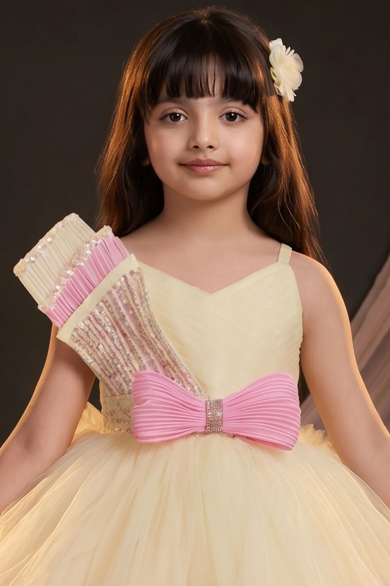 Girls Pastel Yellow and Pink High Low Party Dress with Sequin