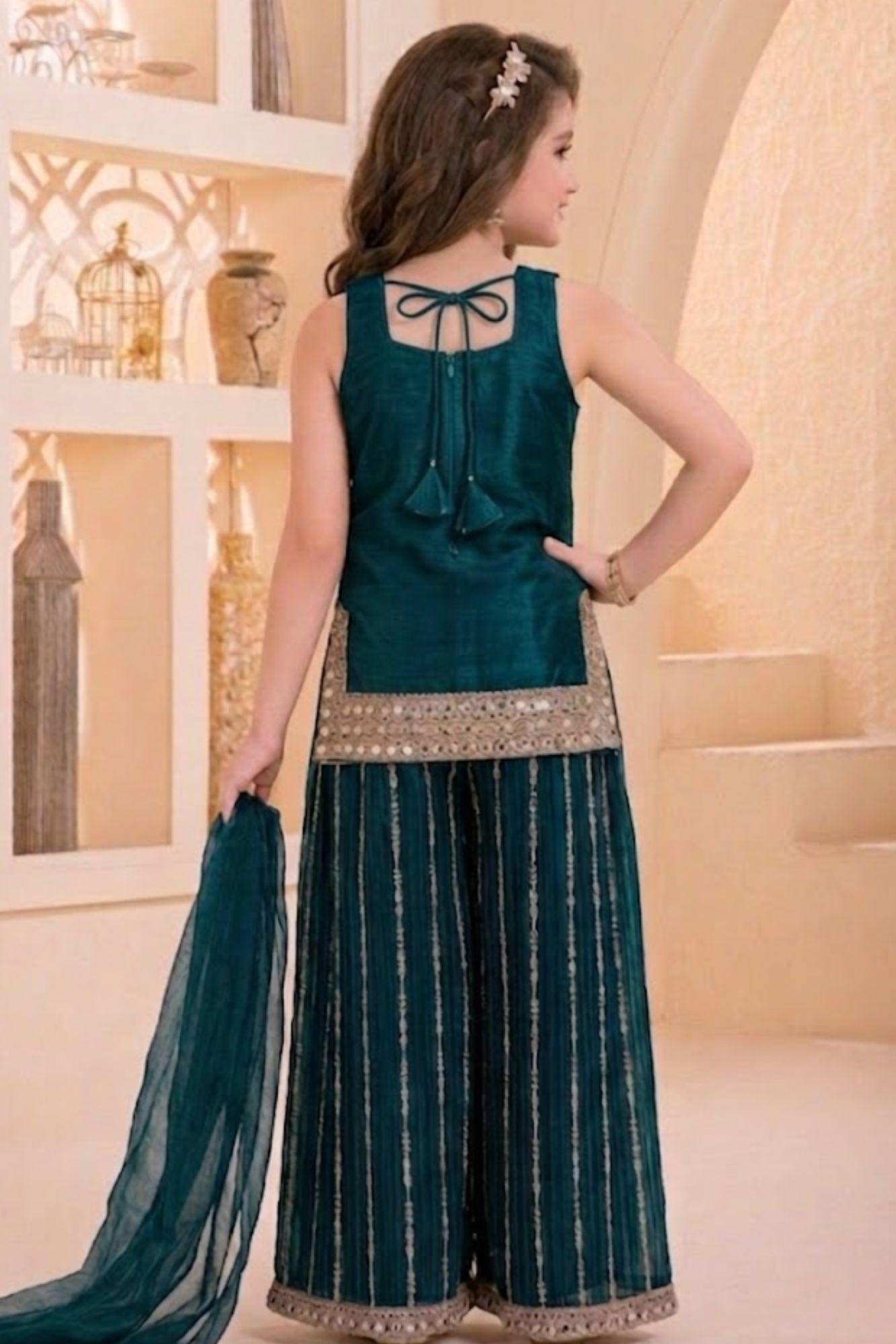 Peacock Blue Designer Embroidered Palazzo Set For Girls