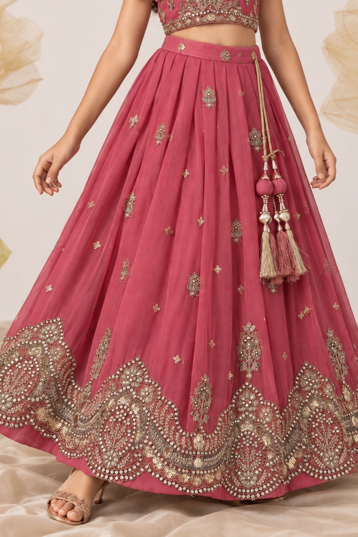 Girls Pink Sleeveless Embroidered Lehenga Choli Set