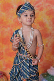 Navy Blue Krishna Janmashtami Dhoti Set with Leheriya Print Angavastram for Boys
