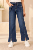 Dark Blue Washed Boot Cut Denim Jeans with Side Slit Detail For Girls