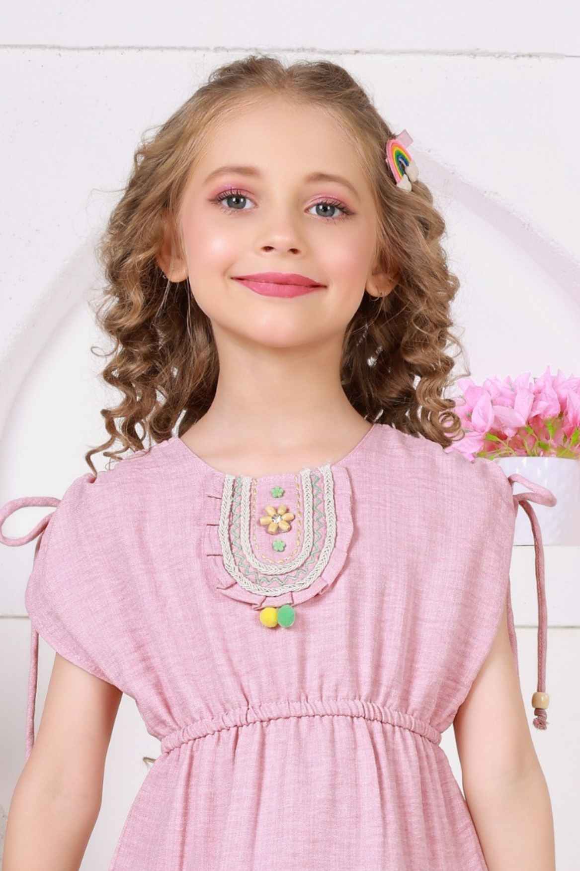 Pink Pom-Pom Cotton Frock with Embroidered Yoke For Girl Lagorii Kids Pink Pom-Pom Cotton Frock with Embroidered Yoke For Girl Lagorii Kids