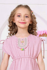 Pink Pom-Pom Cotton Frock with Embroidered Yoke For Girl
