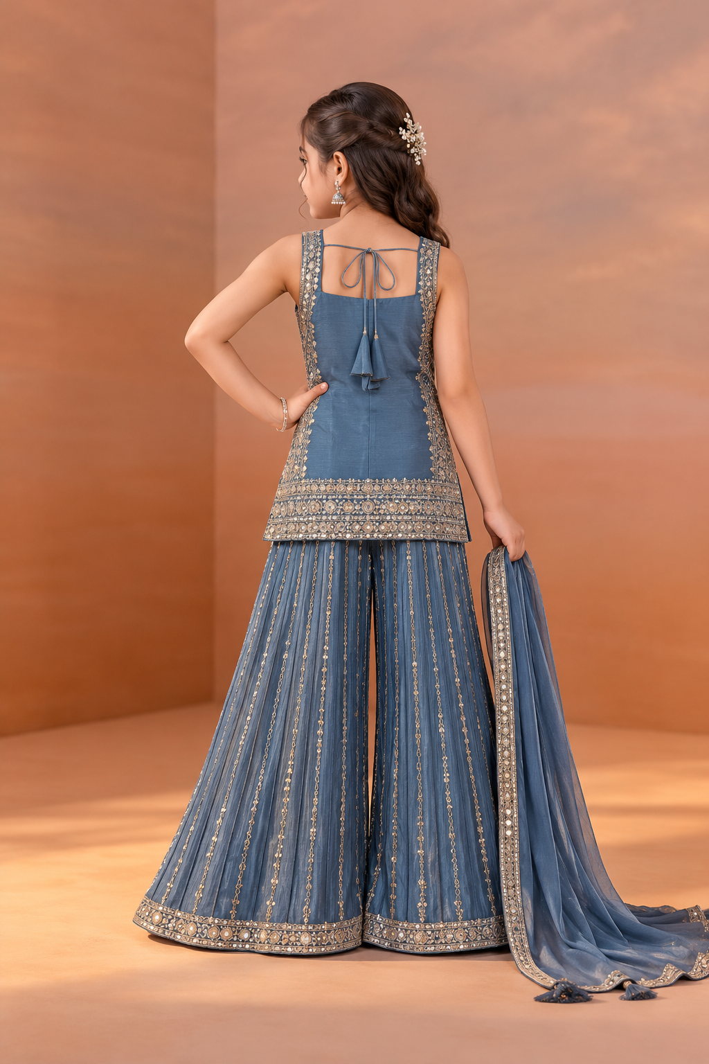 Blue Designer Embroidered Palazzo Set For Girls