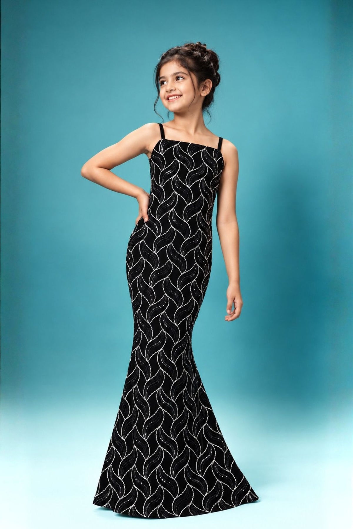 Black and Silver Leaf Sequin Party Wear Gown With 3D Bow Appliqué For Girls