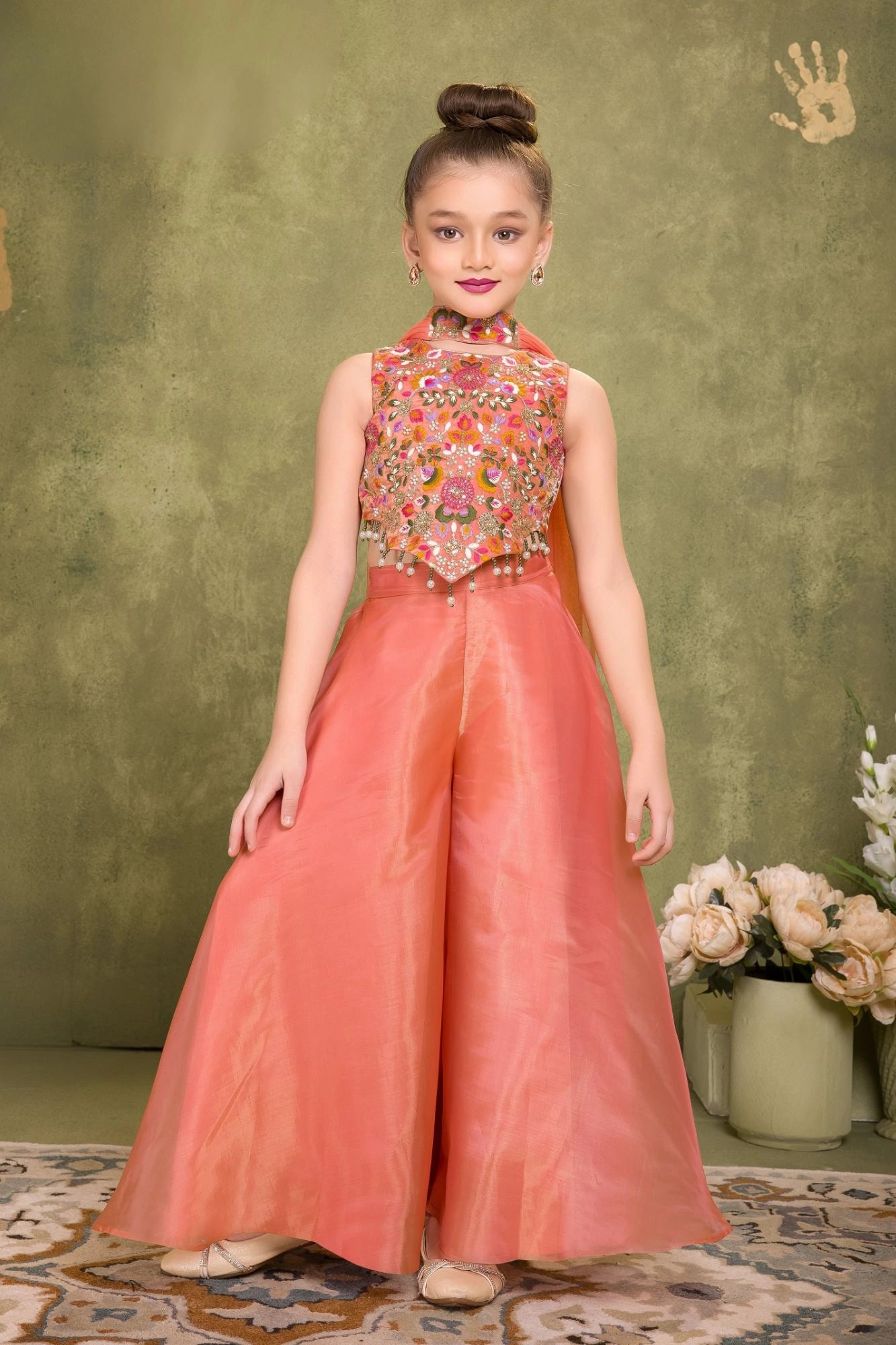 Orange Sequins Work With Thread Embroidery For Palazzo Set For Girls