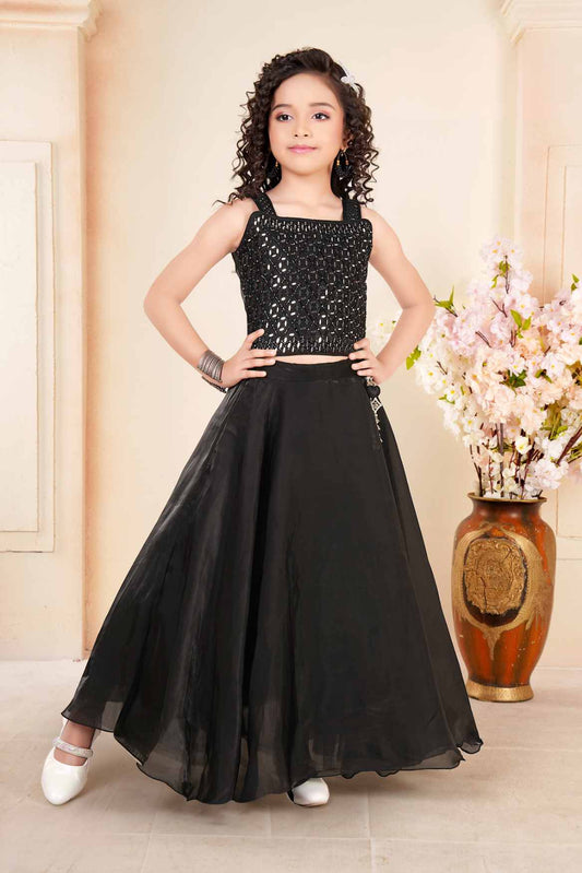 Black Lehenga Choli Set With Mirror Work For Girls