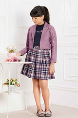 Stylish Lavender Jacket With Checked Skirt And T shirt Set For Girls