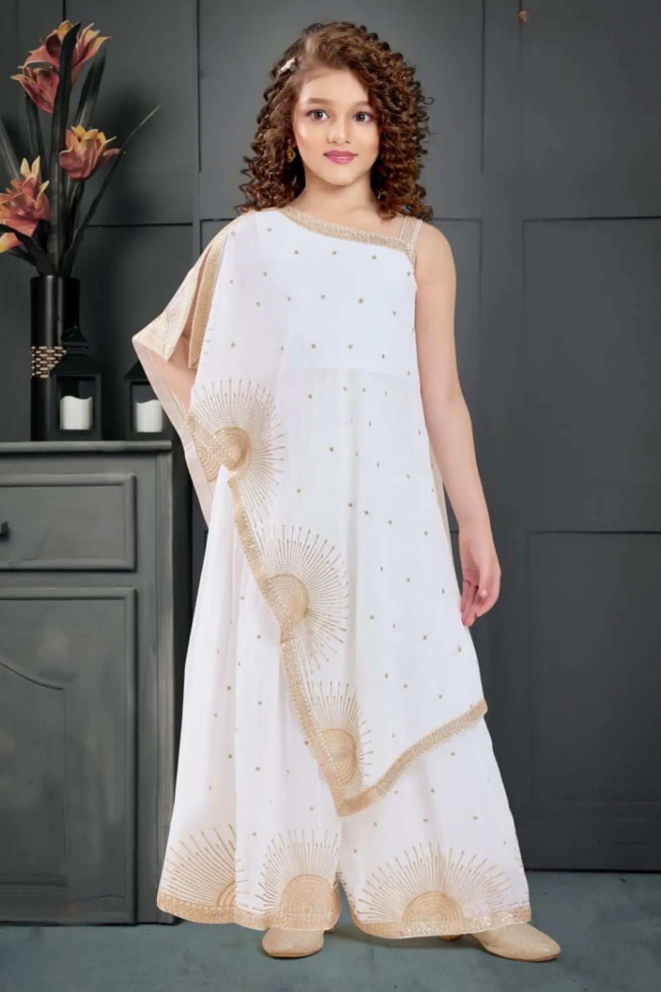 Designer Cream Embellished One-Shoulder Palazzo Set For Girls