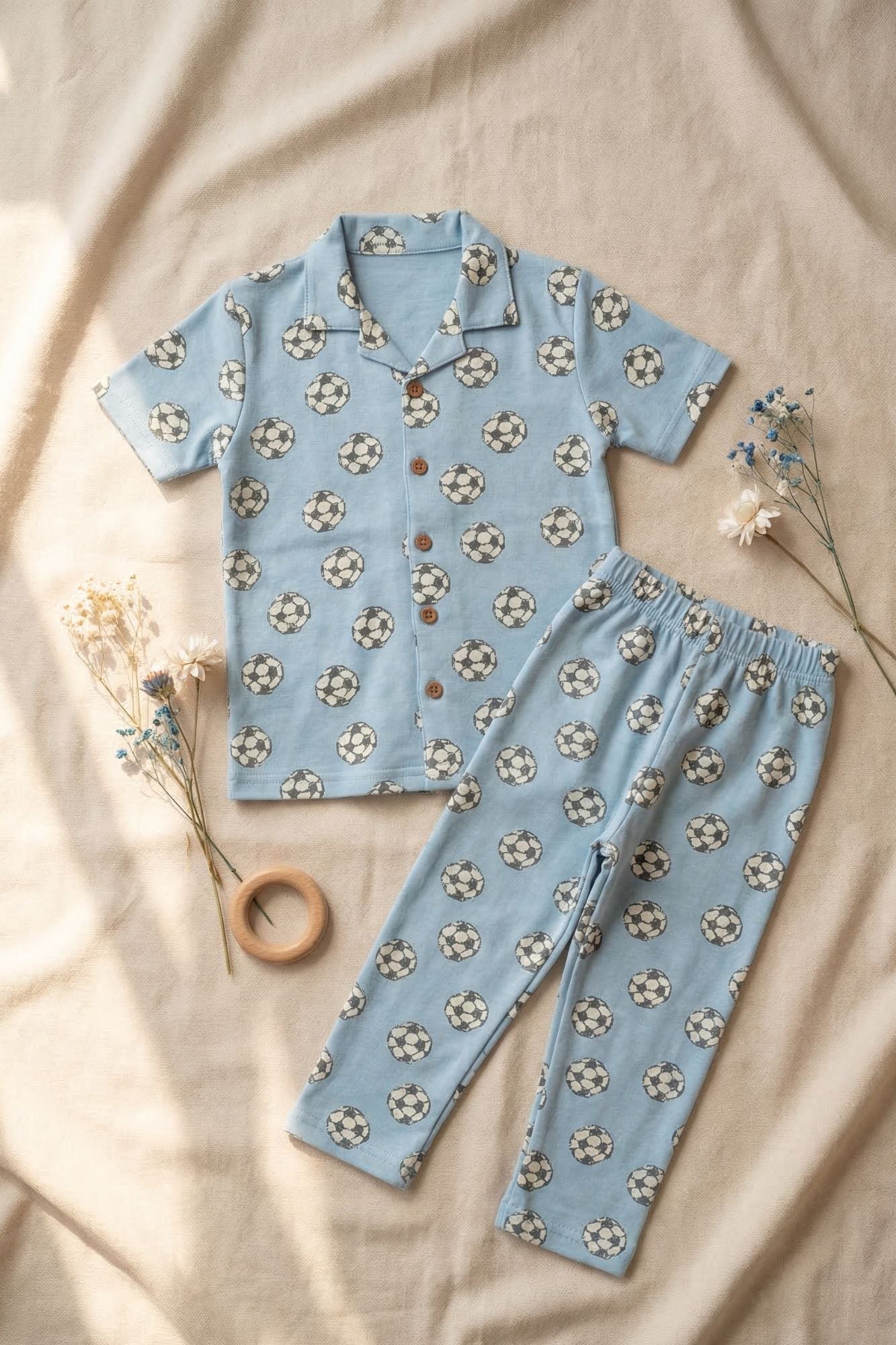 Powder Blue Football Print Cotton Night Suit Set For Boys