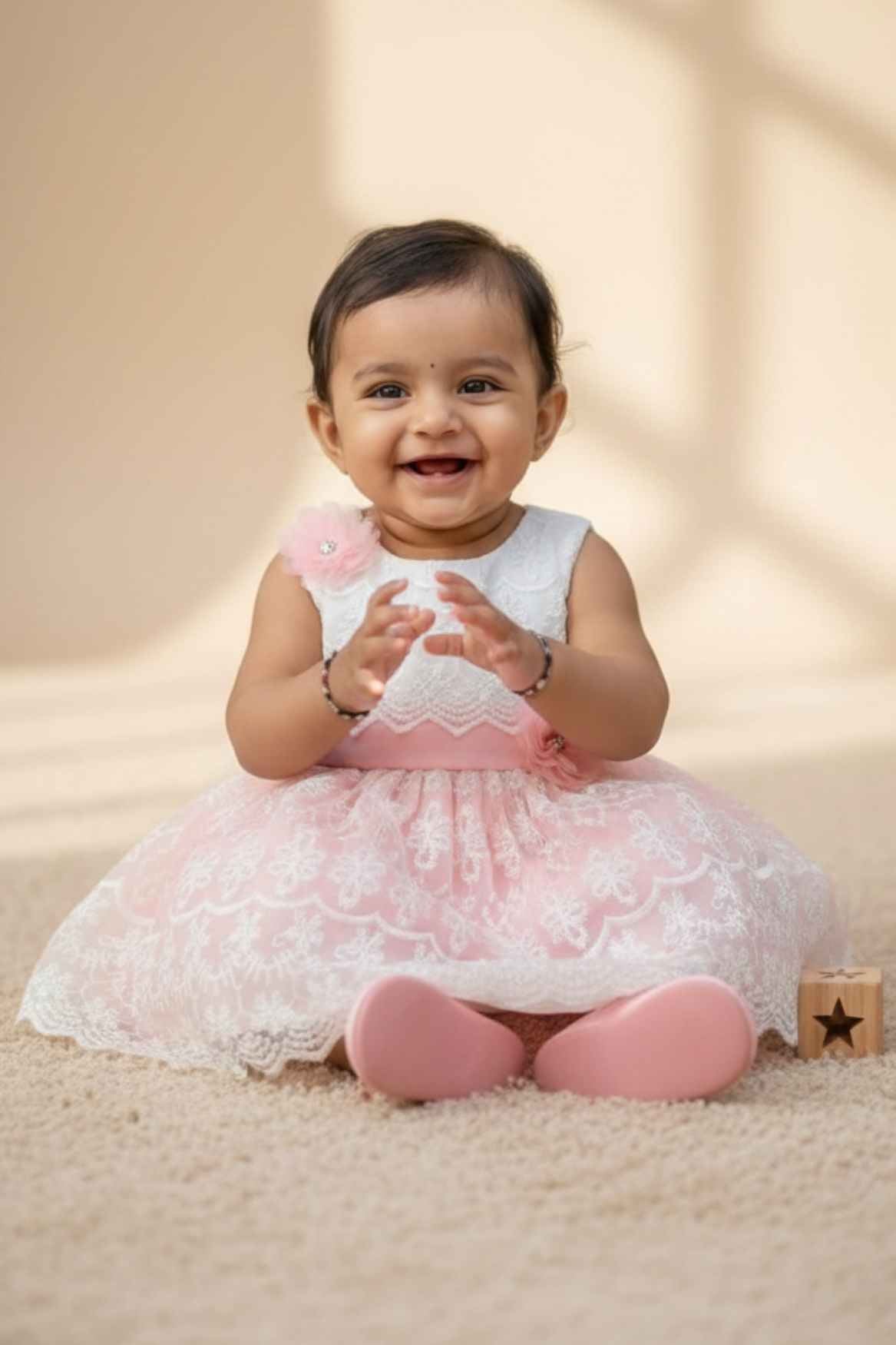 Peach & White Embroidered Party Frock with Floral Appliqué For Girls