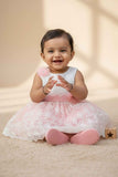 Peach & White Embroidered Party Frock with Floral Appliqué For Girls