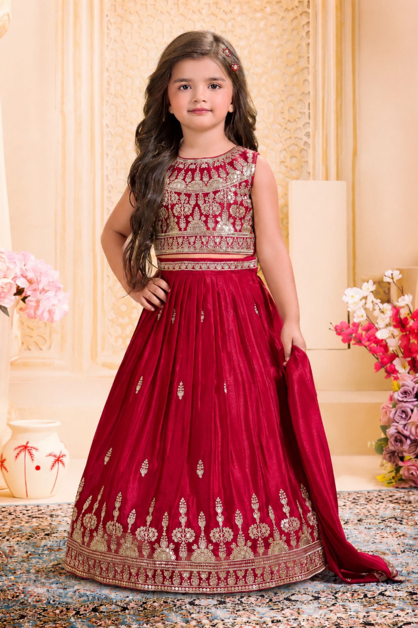 Mughal Jaal Motif Maroon Embroidered Lehenga Choli with Dupatta