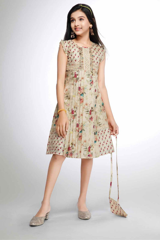 Beige Floral Printed And Pleated Casual Dress For Girls