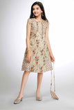Beige Floral Printed And Pleated Casual Dress For Girls