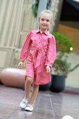 Pink Casual Dress With Floral Embroidered For Girls