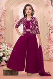 Wine Purple Palazzo Set with Embroidered Jacket For Girls