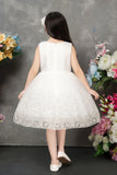 White Sequin Party Wear Frock with Floral Appliqué for Girls