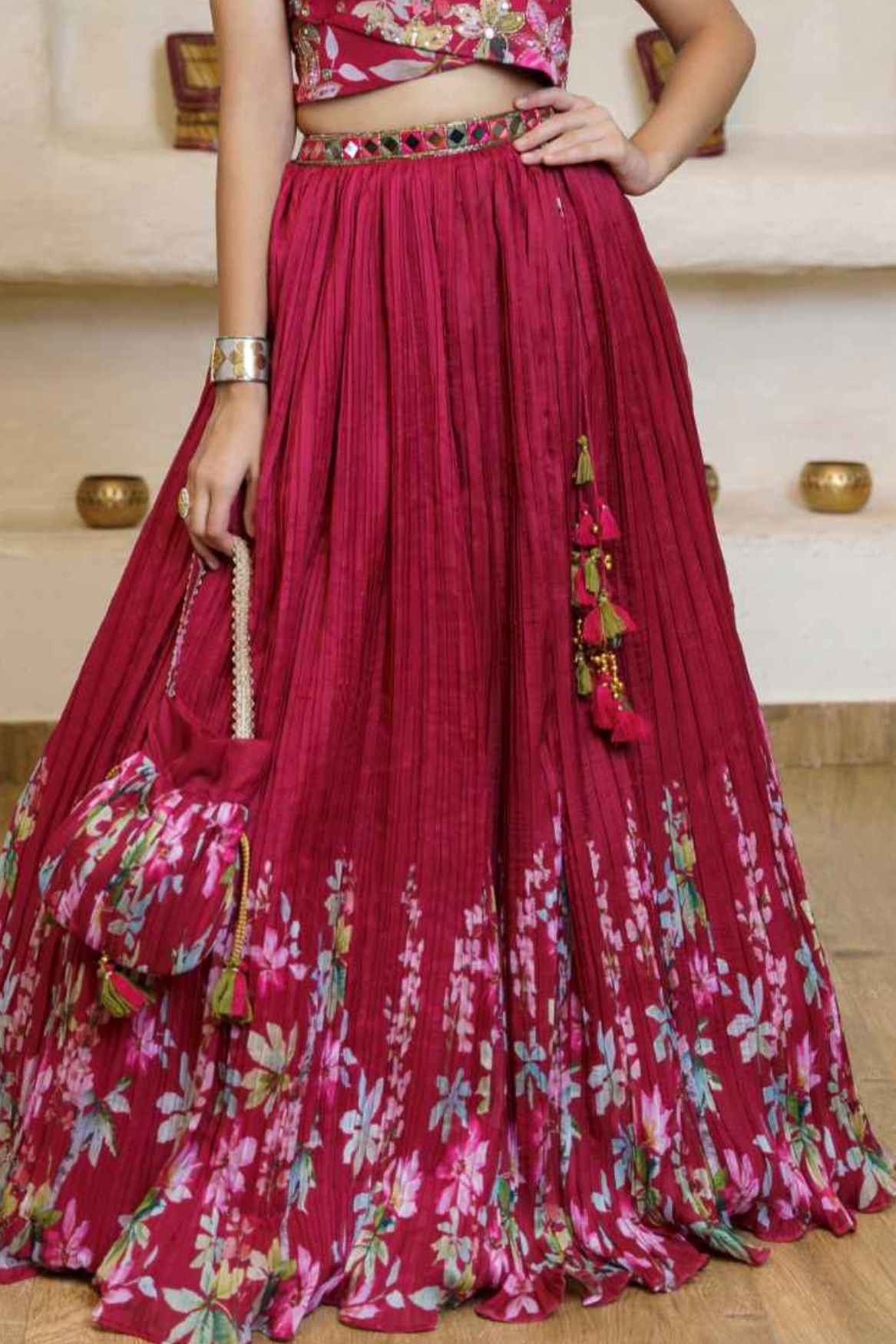 Maroon Sleeveless And Mirror With Sequin Embroidered Lehenga Choli For Girls