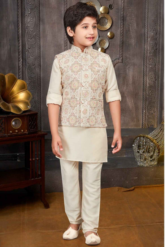 Cream Sequins Embroidered Waist Coat With Kurta And Pant Set For Boys