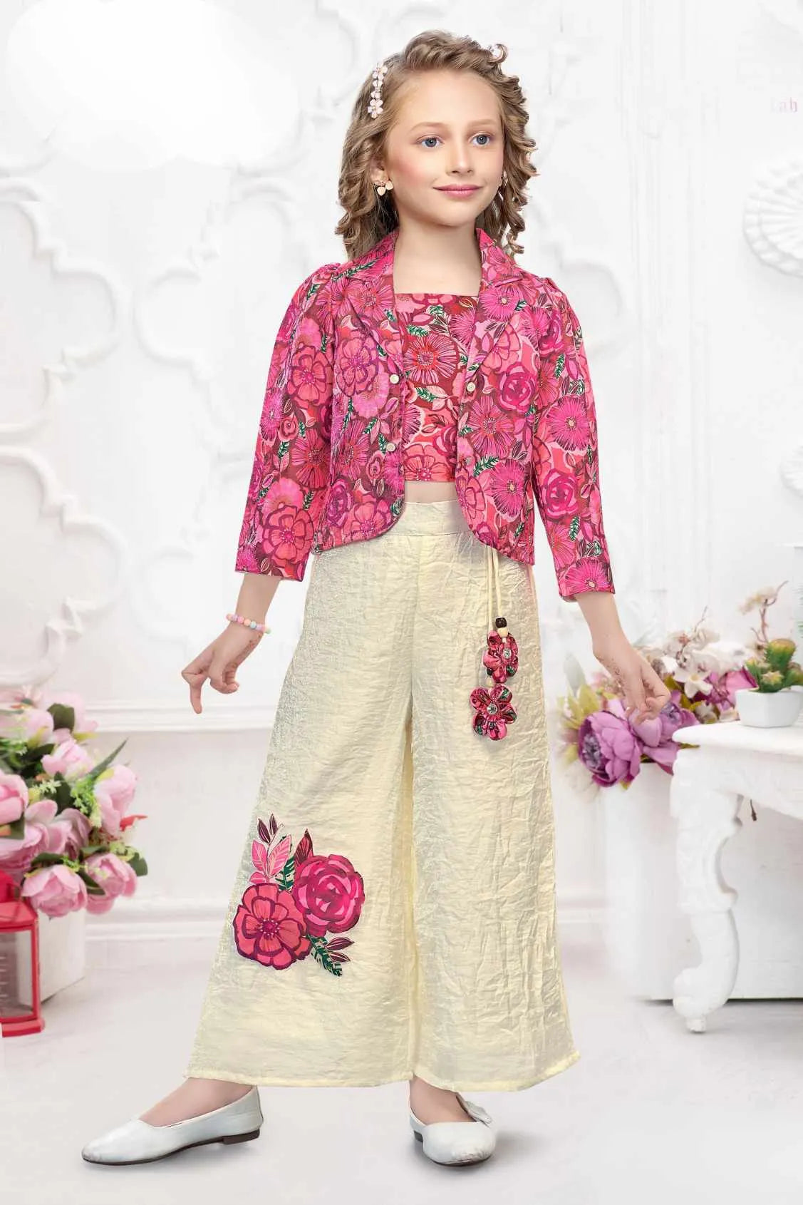 Pink and Cream Printed Set With Jacket For Girls