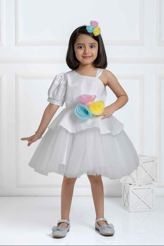 White Floral Embellished Party Wear Frock For Girls