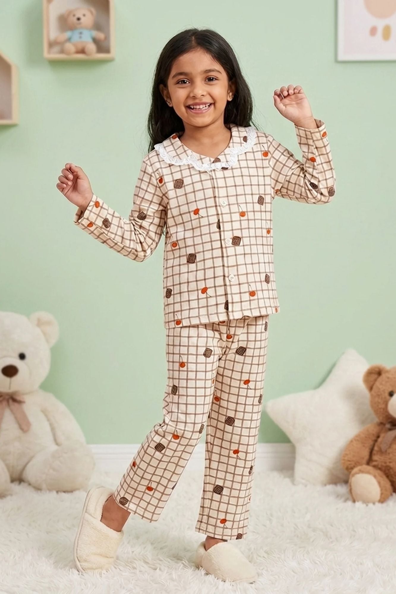 Girls Beige Checked Night Suit Set with Lace Collar