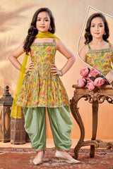 Mustard Floral Printed And Sequin Top With Dhoti Bottom Set For Girls