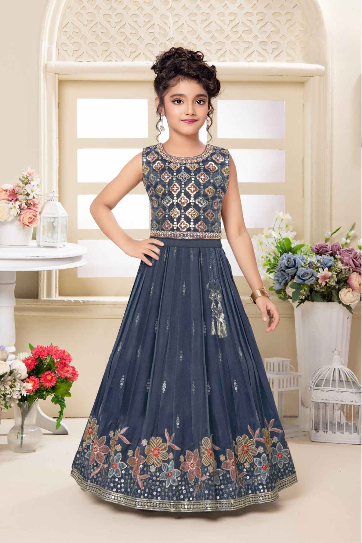 Navy Blue Floral Embellished Lehenga Choli Set with Dupatta