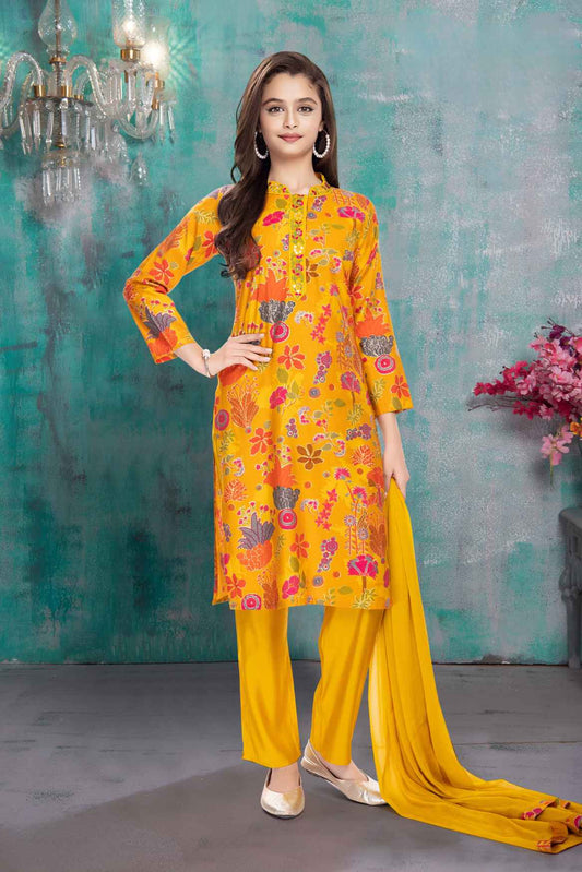 Yellow Printed Straight Kurta And Pant Set For Girls