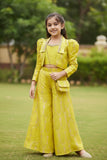 Lime Yellow Embroidered Top And Palazzo Set With Jacket For Girls