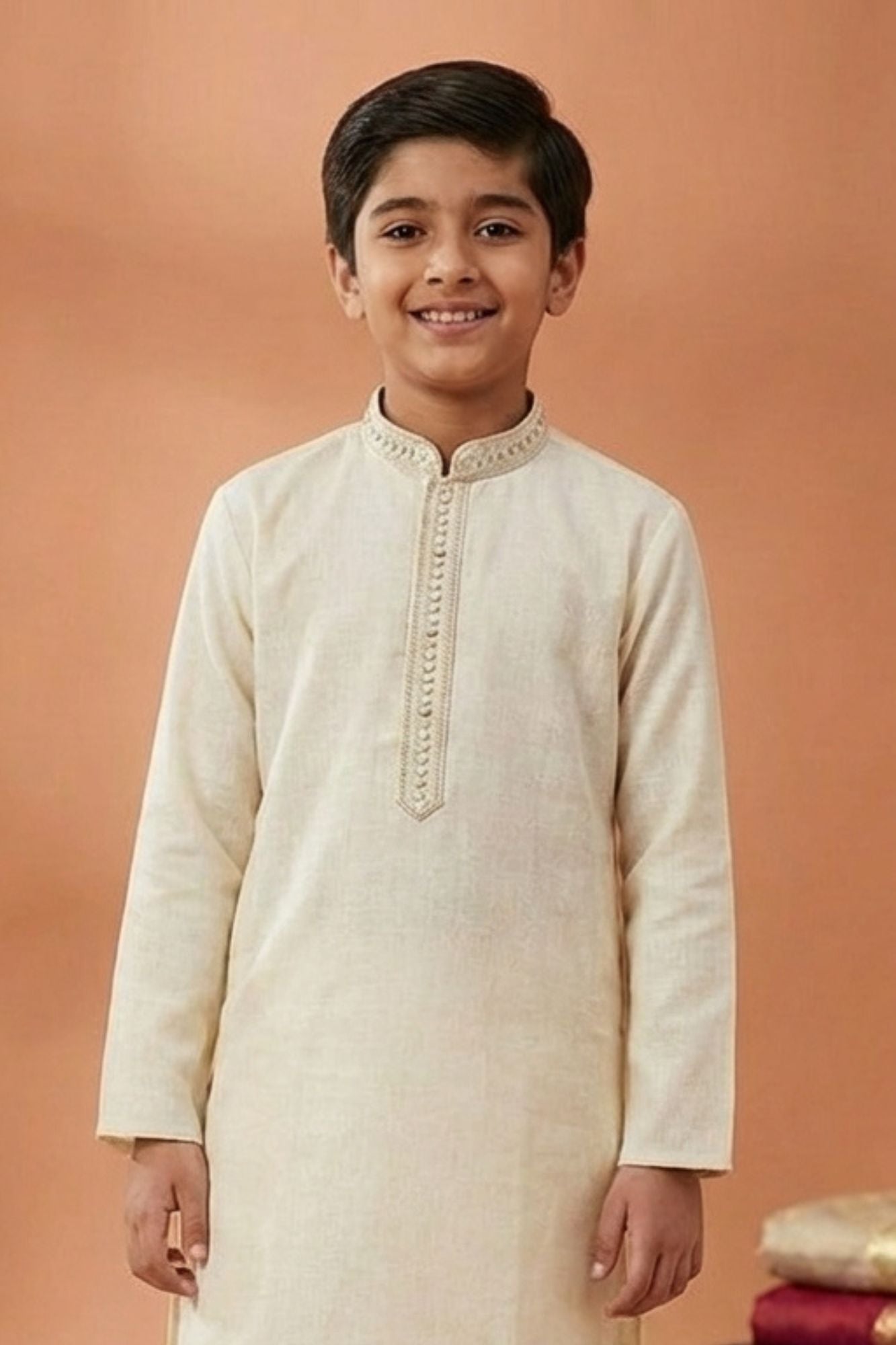 Cream Embroidered Linen Kurta Set For Boys