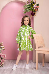 Green And Off White Abstract Printed Casual Dress For Girls