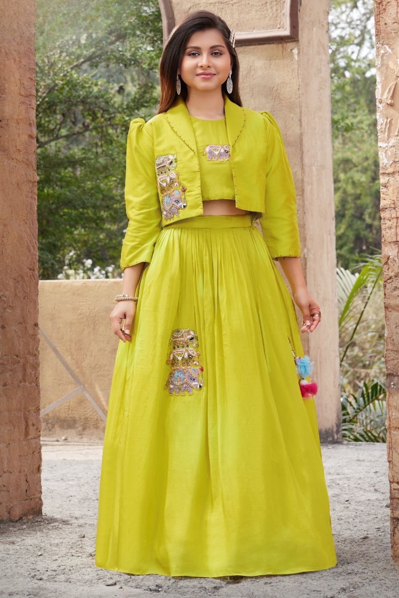 Lime Green Embroidered Lehenga Choli With Jacket For Girls