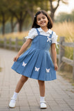 Denim Pinafore Dress with White Shirt & Butterfly Appliqué For Girls