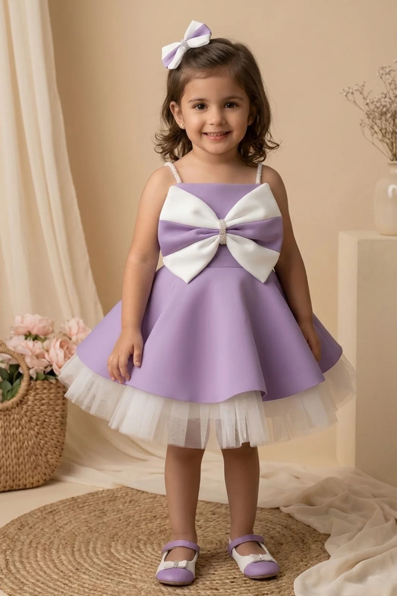 Girls Purple and White Bow Detailed Party Wear Frock