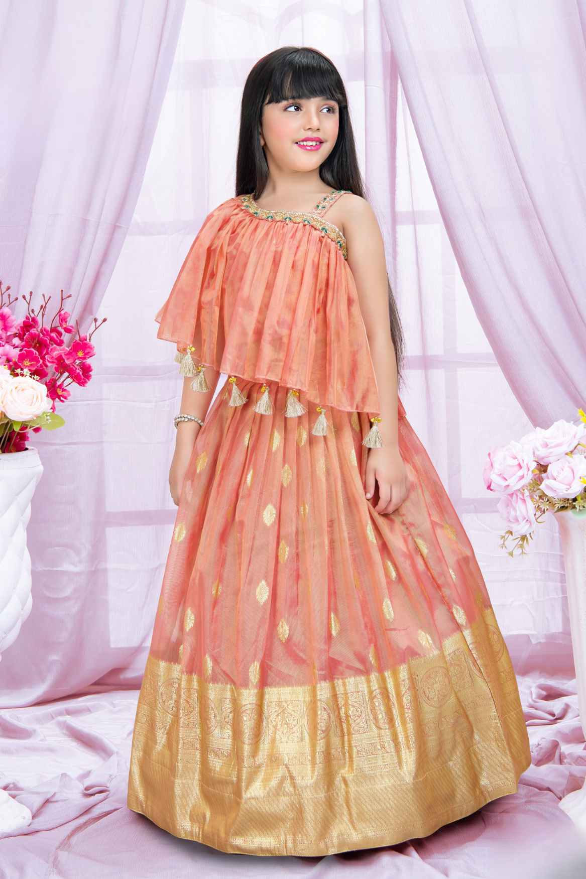 Peach Stone Work And Zardosi Work Lehenga Choli For Girls