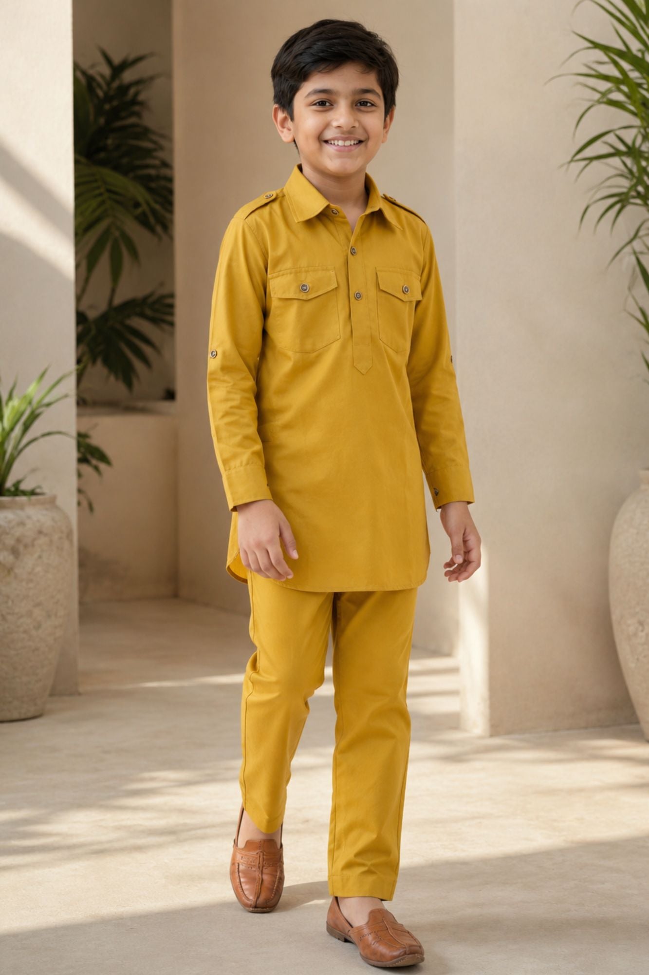 Mustard Yellow Pathani Set With Shirt Collar Design For Boys