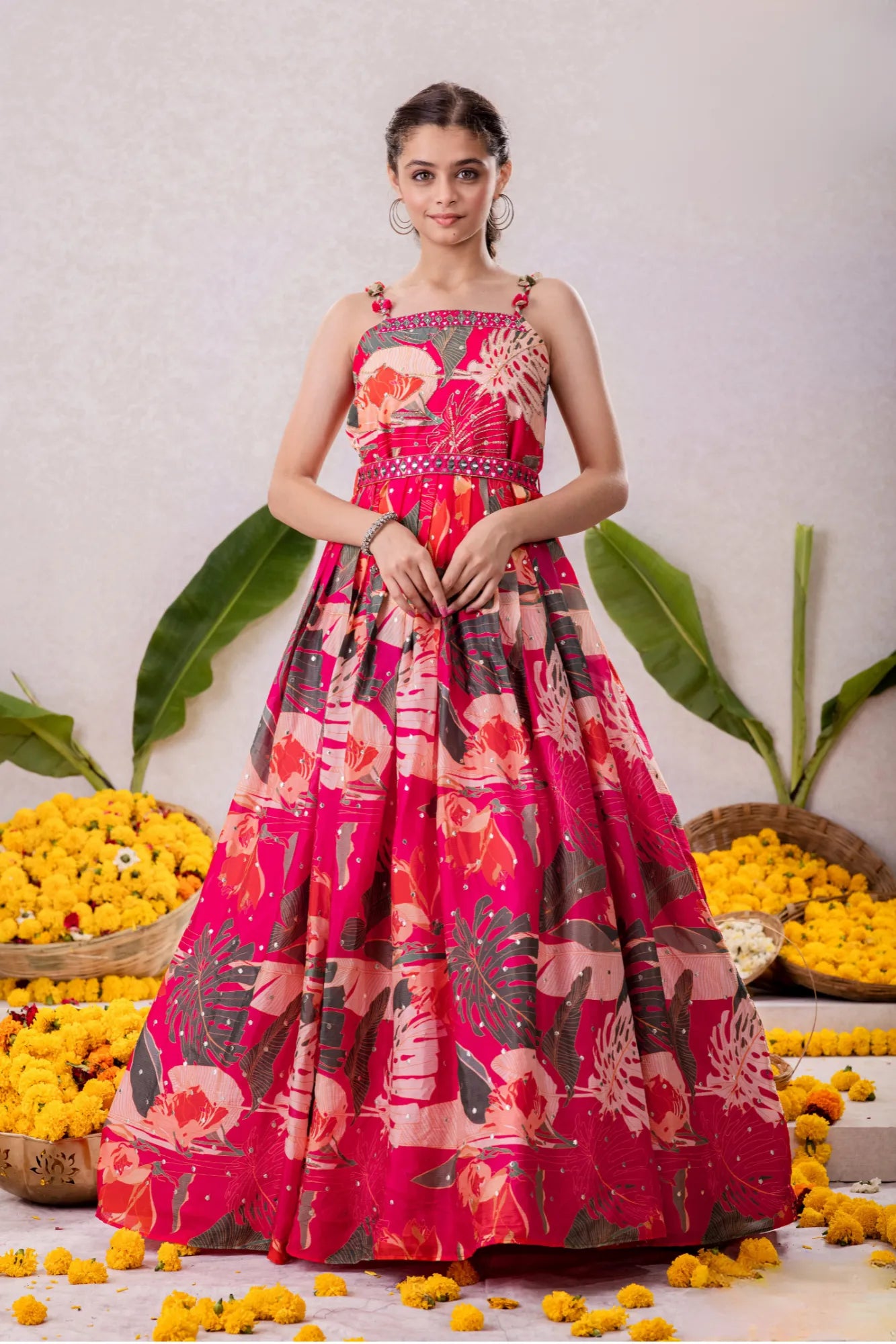Rani Pink Gown With Printed And Mirror Work For Girls