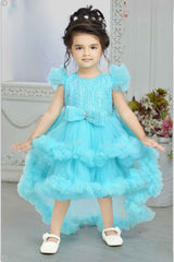 Blue Sequin Tailback Frock With Bow Embellished For Girls