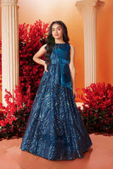 Blue Sequins Embroidery Partywear Gown For Girls